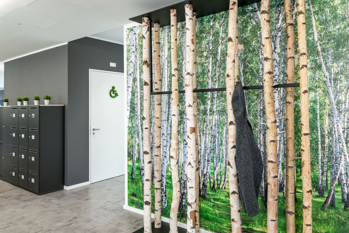 Garderobe mit Birkenstämme